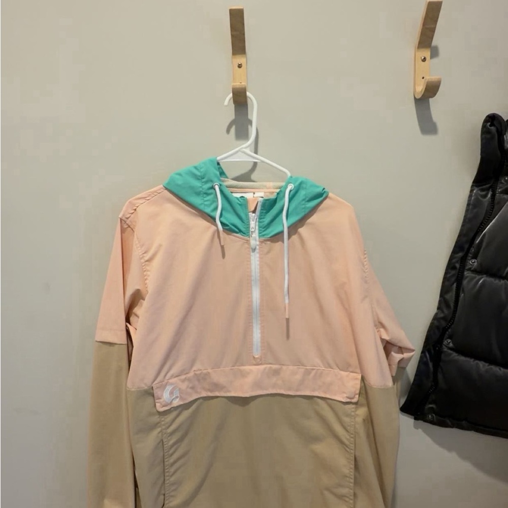 Glossier Rare Edition Pink and Tan Jacket with Teal Hood
